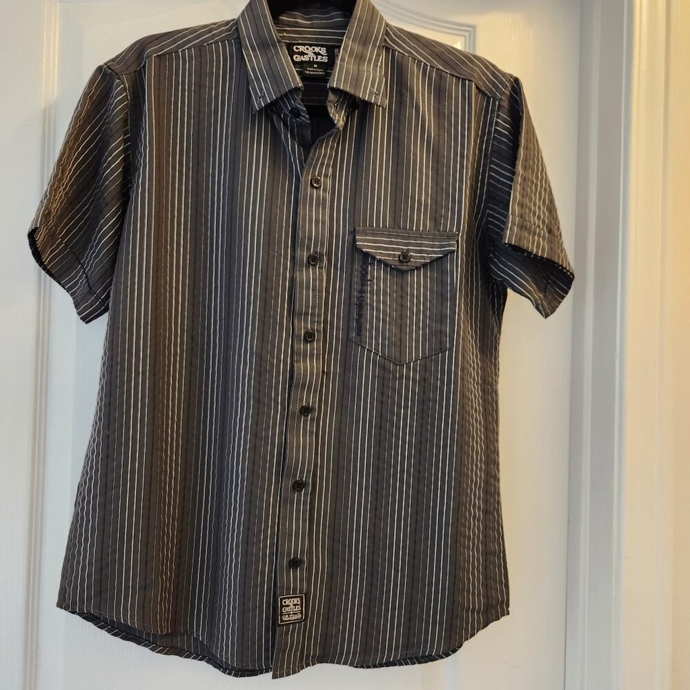Crooks & Castles Men's Shirt Streetwear blackgray white lines 100% cotton Medium
